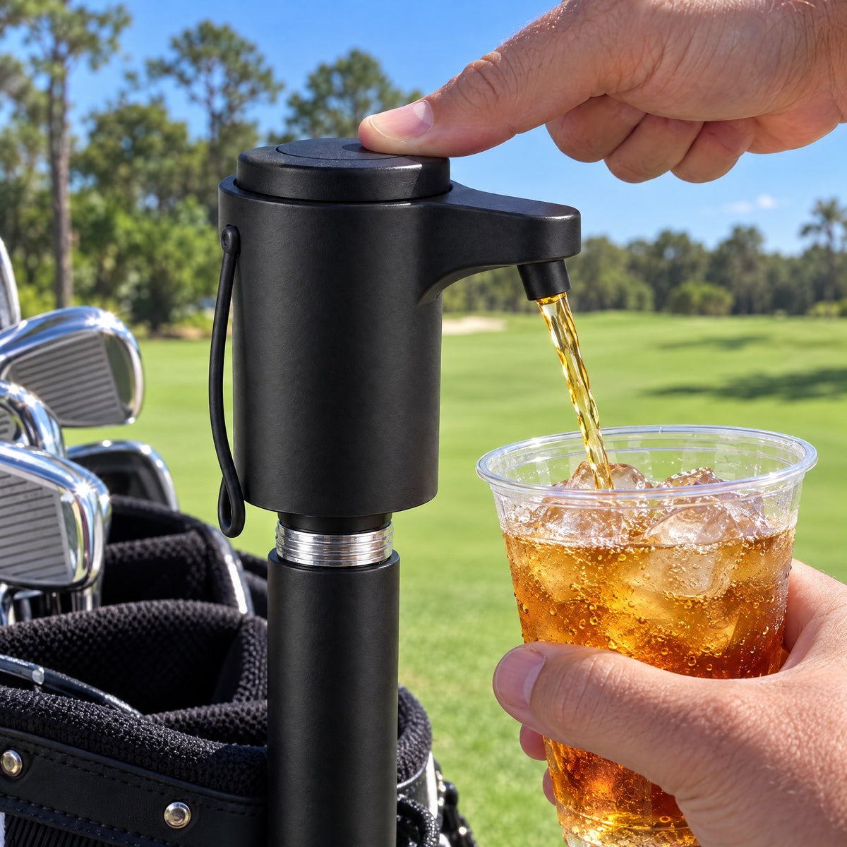 One-touch golf drink dispenser pouring into a cup