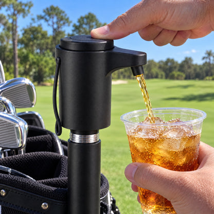 Thumb pressing the button on a FIFTH IRON as a drink pours into a cup